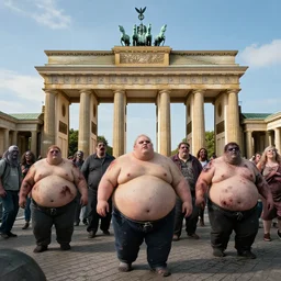 a horde of obese zombies standing under the brandenburg gate.