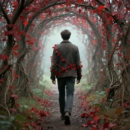 a man walking through a tunnel of red vines, they entwine his arm. clear detailed view. ethereal fantasy art. by greg rutkowski