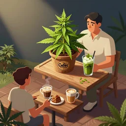 cafe serves cannabis to its customers in australia, isometric illustration fun style hyperrealistic render in pixar, by darwyn cooke