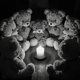 Black and white photograph of a group of teddy bears plotting in the dark around a candle