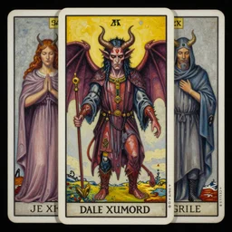 beautiful tarot card ofa demon by dan mumford and carol bak and alex grey, oil on canvas, intricate, symmetrical, portrait, 8k highly professionally detailed, HDR, CGsociety