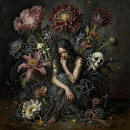 a cinematic masterpiece still life painting of a colossal gothic flowers of grief, sorrow, misery and despair, exotic alien flora, wires and spikes, by Alex Grey, by Wayne Barlowe, by Tim Hildebrandt, by Bruce Pennington, by Zdzisław Beksiński, by Caravaggio, oil on canvas, masterpiece, trending on artstation, featured on pixiv, cinematic composition, astrophotography, dramatic pose, beautiful lighting, sharp, details, details, details, hyper-detailed, no frames, HD, HDR, 4K, 8K