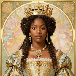 highly detailed venetian rococo portrait of a black princess wearing a crown, golden jewels, pastel flowery background, volumetric lighting, realistic, symmetrical, digital illustration, art by alphonse mucha, kehinde wiley, artem demura