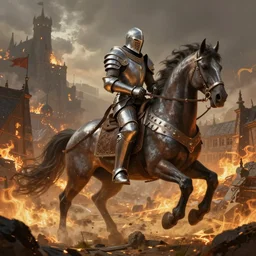 armored aslan from narnia,  a chaos knight in a burning village riding on an armored horese, artstation hall of fame gallery, editors choice, #1 digital painting of all time, most beautiful image ever created, emotionally evocative, greatest art ever made, lifetime achievement magnum opus masterpiece, the most amazing breathtaking image with the deepest message ever painted, a thing of beauty beyond imagination or words
