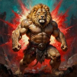 oversized muscular lion barbarian hunter full human body in portrait powerful pose and strong shiny backlight  of sun rays , red explosion  in cyan background , very textured detailed  hyper-realistic 8K stained oil painting by rembrandt , hard backlight , in dark cave