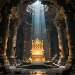 Detailed Interior of the Drowned temple, shattering walls, creeping gloom, light shafts, the glowing throne, stunning atmosphere, in Style of Peter Mohrbacher, cinematic lighting