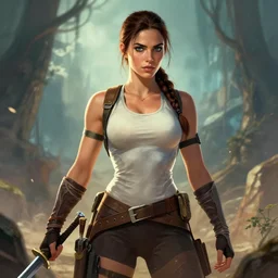 caterina murino as lara croft, fantasy art, in the style of artgerm, illustration, epic, fantasy, intricate, hyper detailed, artstation, concept art, smooth, sharp focus, ray tracing, vibrant, photorealistic, simon bisley