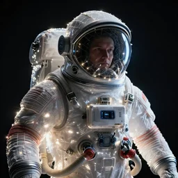 an empty spacesuit in deep space covered with a net emitting light, close up peter mohrbacher, featured on artstation, octane render, cinematic, rugged, intricate, 8 k