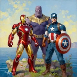 ironman, thanos, captain america a sunday afternoon on the island of la grande jatte, painting