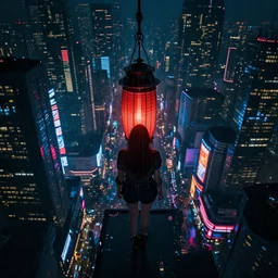 cyberpunk city at night,drone shot, night clubs and neons, rain, girl under lantern