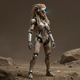 futuristic himba young woman, glowing mechanical eye camera, mechanical limbs, cybernetic dreadlocks, realistic sci - fi concept art, dramatic lighting, intricate, depth of field, full body, sepia