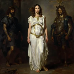 Full body oil painting of the beautiful woman Gal Gadot, she is wearing some withe ancient roman cloths and a surreal ornate, her hair is natural disheveled, naturalism, dramatic lighting, high-detailed oil painting by Ilya Repin, Michelangelo da Caravaggio, William Blake, Alex Grey and Beksinski, trending on Artsatio, masterpiece, 4k, 8k,