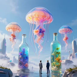 by par olofsson and tristan eaton, visually stunning, cinematic, ultra realistic, hyper realism, 1 2 k, epic, octane render, unreal engine, vfx, maya, what happens when we allow a computer to dream? : crisp and bright and magical and strange, polymorph : jellyfish, color cycling : magnificent bottles, amazing sci - fi city : the power of dreams