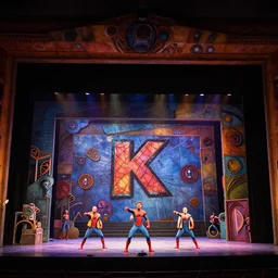photo of a huge theaterstage, play is spiderman, 3 actors on stage, 8 k, multicolored, exaggerated detailed, long shot