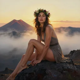 Portrait of the beautiful woman Gal Gadot, she is posing, she has a crown of flowers, she is sitting on a rock at the side of a volcano, there is fog, she is getting ulluminated by the rays of the sunset, the photo was taking by Steve McCurry, matte painting, oil painting, naturalism, 4k, 8k
