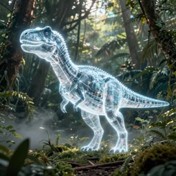 a glowing hologram of a dinosaur in the jungle with fog, fantasy concept art paleoart