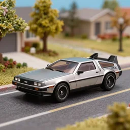 a commercial photography of a hot wheels delorean car on a suburban street diorama scene, cinematic lighting, product shot, detailed, hq, macro lens