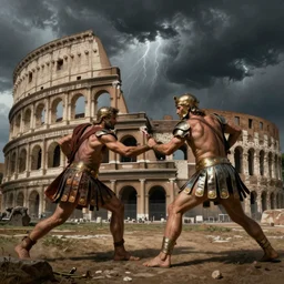 gladiator fight in the colosseum of ancient rome, thunderstorm, dark colors, hyperdetailed, realistic!!!, award winning, drawing by leonardo da vinci