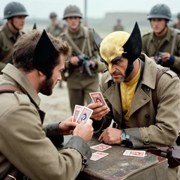 a photo of marvel Wolverine playing cards in a trench with soldiers, xmen, world war 2, old photo by Robert Capa