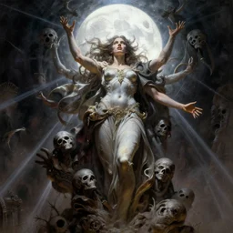 goddess, masterpiece ,  cinematic, powerful, moon beams dramatic light, highly, intricate elements, hollow souls, detailed, digital painting, artstation, concept art, sharp focus, illustration, dynamic art by Livia Prima and Tom bagshow and Mitch Foust, Frank frazetta