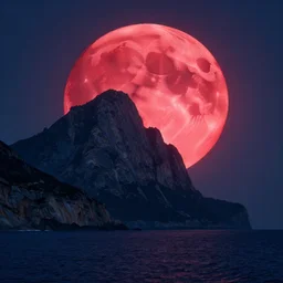 big red moon rising above sea and epic mountain, long shot, epic, colossal scale, beautiful fine, intricate high details, sharp, ultradetailed, beeple, octane render trending on artstation