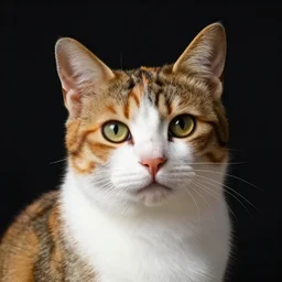 close up portrait of one calico cat by vermeer. black background, three - point lighting, enchanting, realistic features, realistic proportions, centered, trending on artstation.