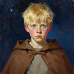 blonde boy wearing a brown cape, closeup, powerful, space background, oil painting, brush strokes, greg rutkowski