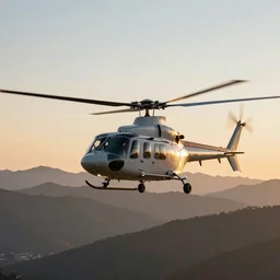 a shark helicopter, mountains, golden hour