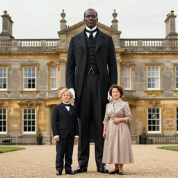 a huge imposing tall man in victorian suit and overcoat stands beside short slim woman in dress infront of english stately home, ornate english mansion, adebanji alade, george goodwin kilburne, norman rockwell