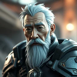 portrait anime android tiny old man asian with beard with a mjolnir powered assault armor, style artstation, style greg rutkowsk, octane render, unreal engine 6, epic game graphics, fantasy, ciberpunk, conceptual art, ray tracing