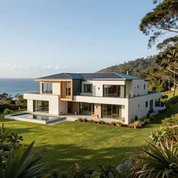 a modern country house in a landscape with an ocean view, hdr, trending on artstation, 8 k