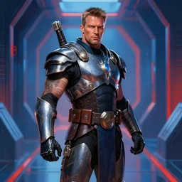sci - fi art, dolph lundgren as armored warrior, blue and red corridors in the background, art by ismail inceoglu