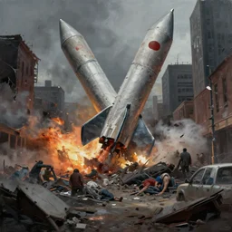 a rocket crashed in the city. destruction. fear. sadness. deaths. apocalyptic. digital art. painting. high quality. high definition.