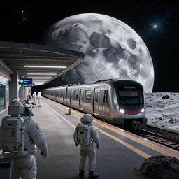 “ a subway station in the moon surface, r 6 2 a train, astronauts at the station, raytracing, cosmos, 8 k wallpaper, dark colors, octane render, volumetric, hyperrealism, illustration, trending on artstation, pinterest ”