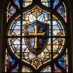 crusaders shield in the center of notre dame stained glass intricate symmetric geometric