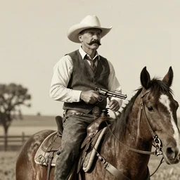 Detailed portrait of a cowboy Joe Biden with mustache, riding a horse in the wild west and holding a revolver, 35mm photograph, 8k
