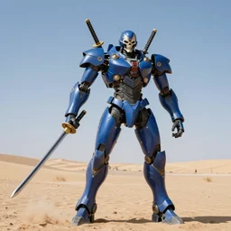 rengoku tower of purgatory, combat android, katana arms, sword arms, skeletal face, military prototype, photography, desert, blue, living weapon