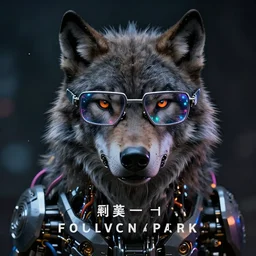 portrait of mechanical wolf with cyberpunk glasses, reflective lens, caustics, bokeh, dust, mechanical parts, neon wires, dark fur, closeup portrait, editorial photography, award winning, establishing shot, dark mood, dark sci fi