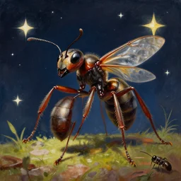 A detailed painting of an anthropomorphic  ant queen standing on her  hind legs with large legs, stars in the background,  formian pathfinder,  digital art 4k,  Wayne Barlowe Greg Rutkowski