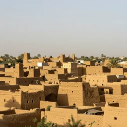 High-quality photography of the skyline of an old West African city made of mud bricks, Timbuktu, wide-angle lens, National Geographic
