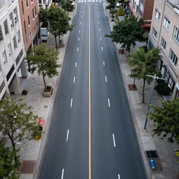 Photograph of an empty city street. Award winning photograph. Canon EOS R3. Drone shot.