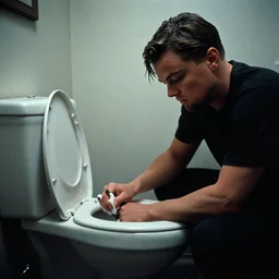 leonardo dicaprio cleaning a toilet, ominous lighting, by richard avedon, tri - x pan stock