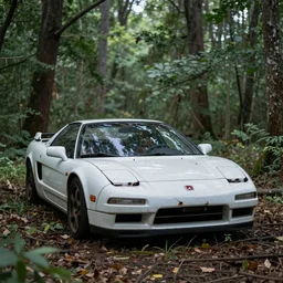 an abandoned honda nsx, in the woods,