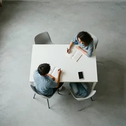 overhead view of two people sitting at a table in a bare room