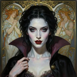 masterpiece painting of beautiful vampire girl by donato giancola, h. r. giger and tom bagshaw, face by artgerm and edmund leighton, background by james jean and alphonse mucha, 8 k, gothic horror, majestic, volumetric lighting, porcelain skin, art deco, trending on pixiv