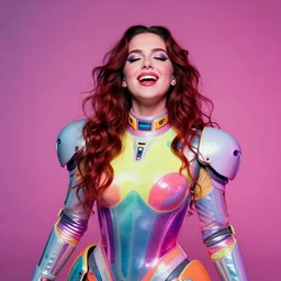 8k high detailed 35mm wide angle lens photograph of lorde in futurecore attire experiencing complete euphoria, vivid details, in the style of Andy Warhol