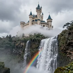 cloud castle on top of a rainbow waterfall, low angle