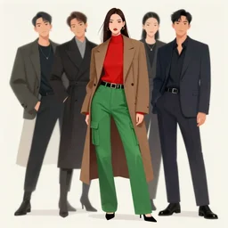 illustration of supermodel wearing a red top, green cargo pants, long tailored coat byartgerm, siwoo kim, jason chan, kim jung gi