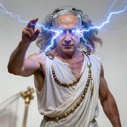 benjamin netanyahu as a buff greek god of lightning, shooting lightning bolts from eyes, highly detailed, ultra clear, by artgerm and greg rutkowski