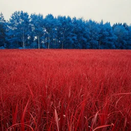 Realistic fields of red corn, high grass and red cord, cord particles, trees, blue trees, depressing blue trees, retro-style blue trees, blue and red particules, landscape, realistic.